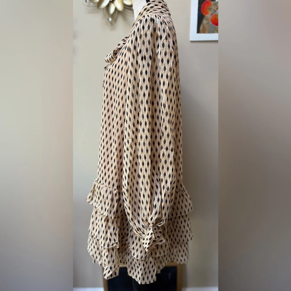 NWT Ruffle Tie Neck Dress in Cream & Gold